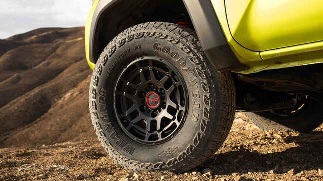 A close-up on the wheel of a current-generation Toyota Tacoma TRD Pro.