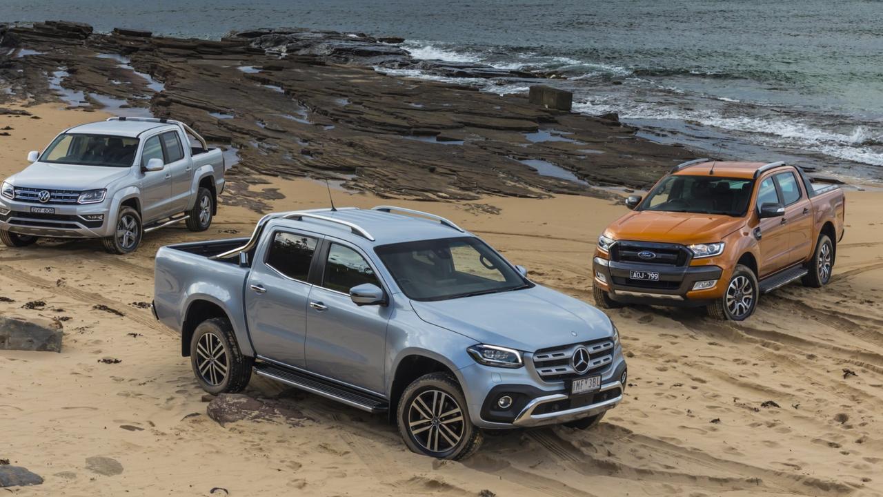 The Mercedes X-Class (front) struggled to draw customers away from the Amarok and Ranger. Photo: Mark Bean., Powerful V6 diesel models include the Core, Aventura and Pan Americana., The new VW Amarok has arrived in Australia., Technology, Motoring, Motoring News, New VW Amarok under pressure to succeed