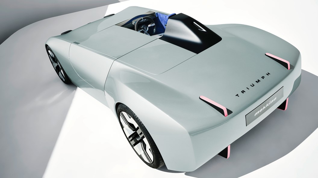 Triumph TR25 concept: rear three quarter static, high angle, blue/grey paint