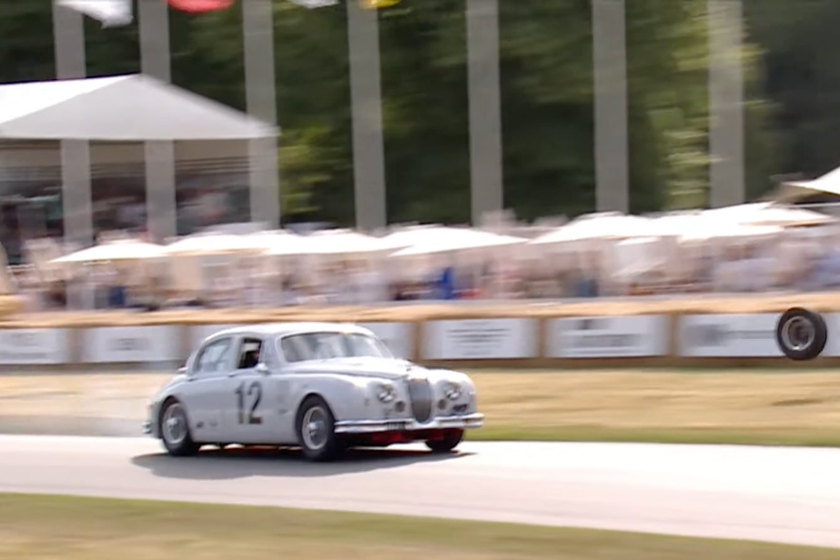 video, goodwood festival of speed, watch: wheel hurtles off jaguar mk1 into crowd at goodwood festival of speed