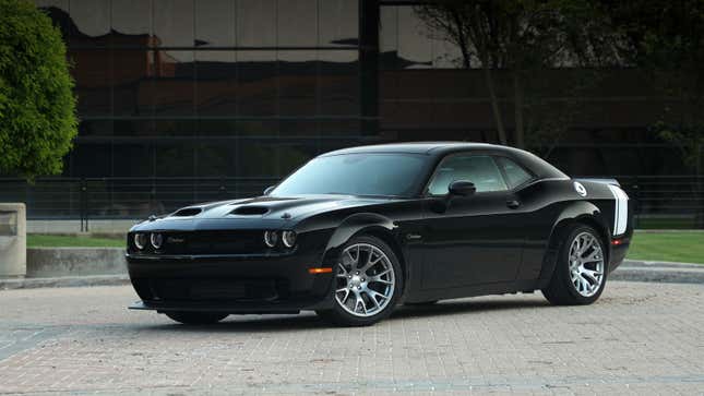 A photo of a black Dodge Challenger muscle car. 