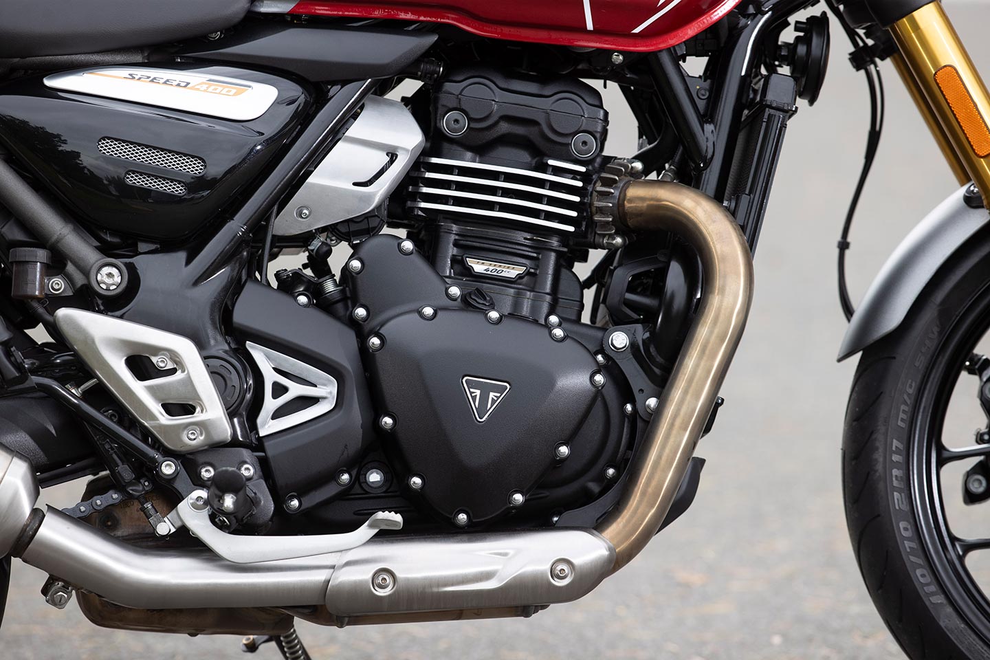 Triumph claims 39.5 hp from the Speed 400’s 398cc DOHC liquid-cooled single.