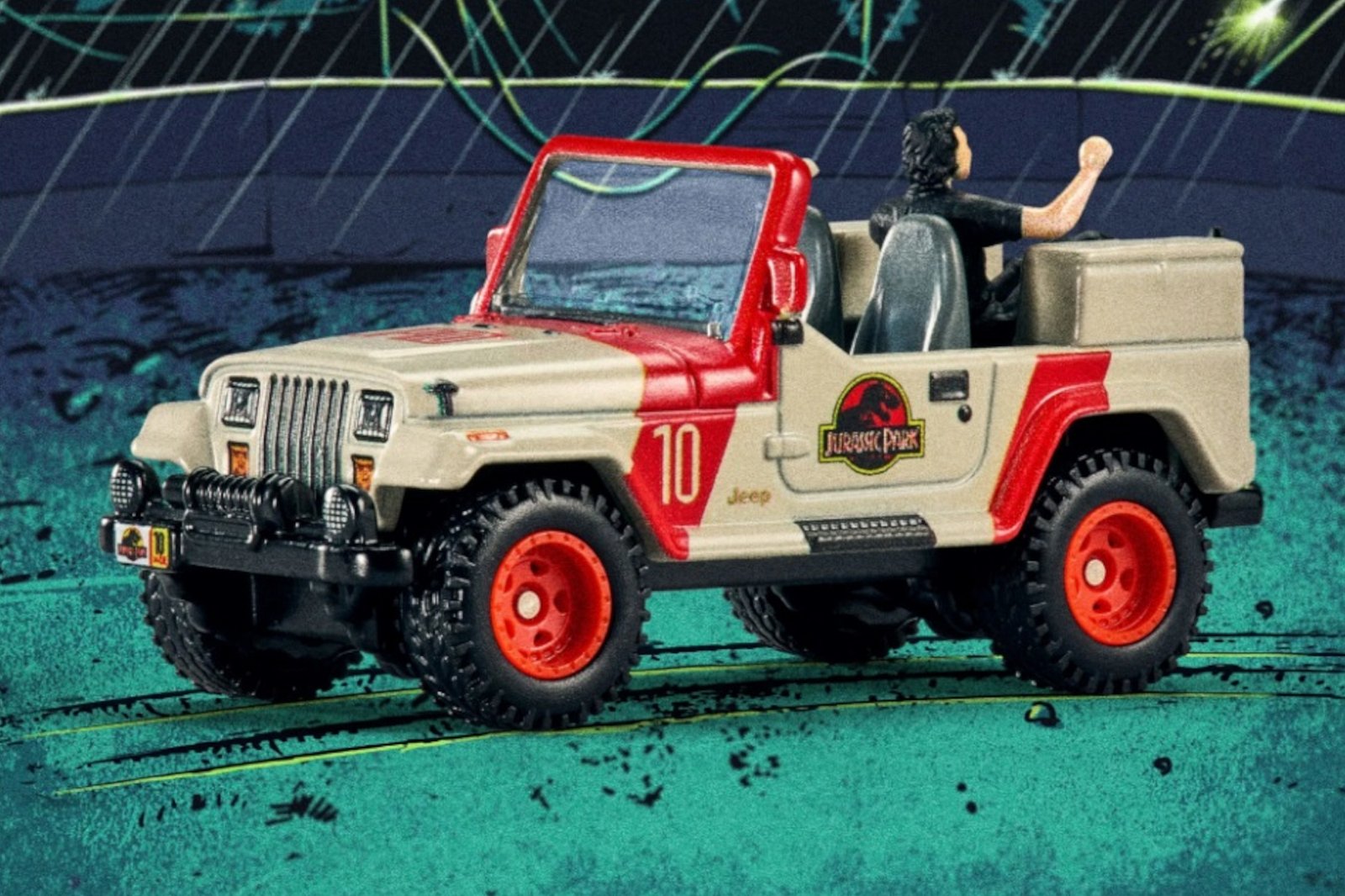 video, off-road, offbeat, hot wheels introduces jurassic park jeep wrangler and jeff goldblum combo set