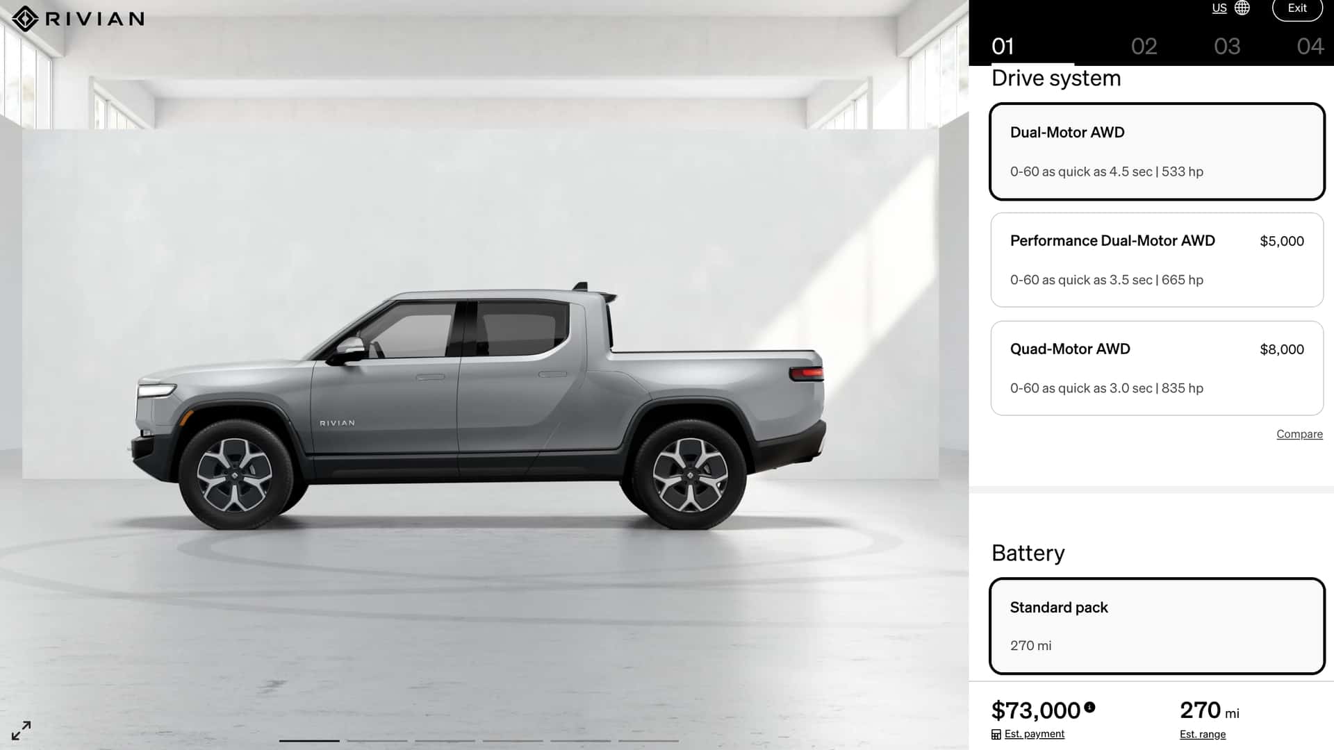 rivian updates configurator with dual-motor, standard battery pack options