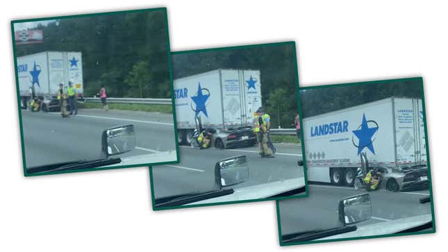 Three still images taken from a video of a Lamborghini crashed under a truck. 