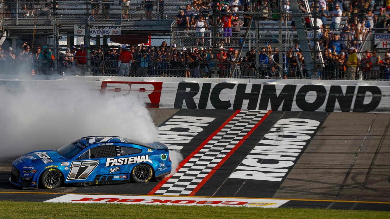 Chris Buescher, driver of the #17 Fastenal Ford, celebrates with a burnout after winning the NASCAR Cup Series Cook Out 400 at Richmond Raceway. Photo: Sean Gardner / GETTY IMAGES, Nascar races are closely-fought contests. Photo: David McCowen, Shane van Gisbergen celebrates with the checkered flag after winning at the Chicago Street Course. Photo: Sean Gardner/Getty Images, Technology, Motoring, Motoring News, Why Aussies are wrong about Nascar
