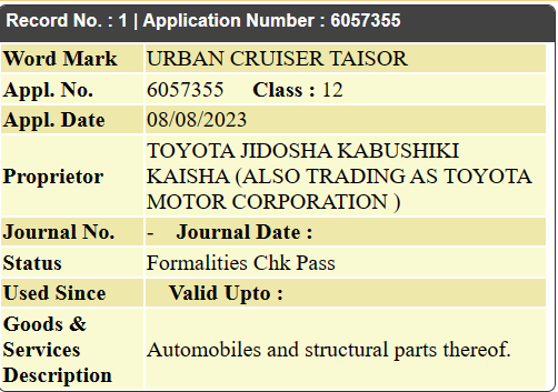 Toyota trademarks 'Urban Cruiser Taisor' nametag, Indian, Toyota, Other, Taisor, Maruti Fronx, Fronx, trademark