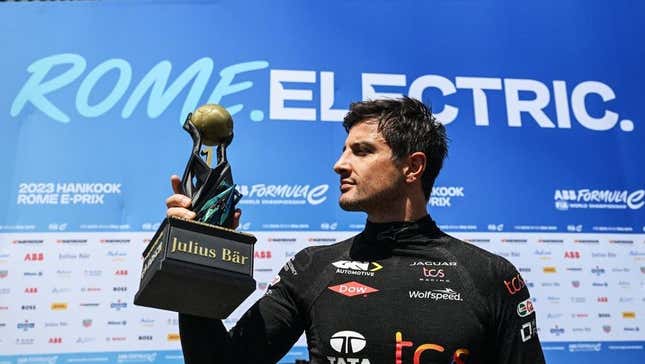 Mitch Evans of Jaguar TCS Racing with his Julius Baer pole position award at the 2023 Rome ePrix doubleheader