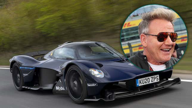 A photo of an Aston Martin Valkyrie with an insert showing Gordon Ramsay 