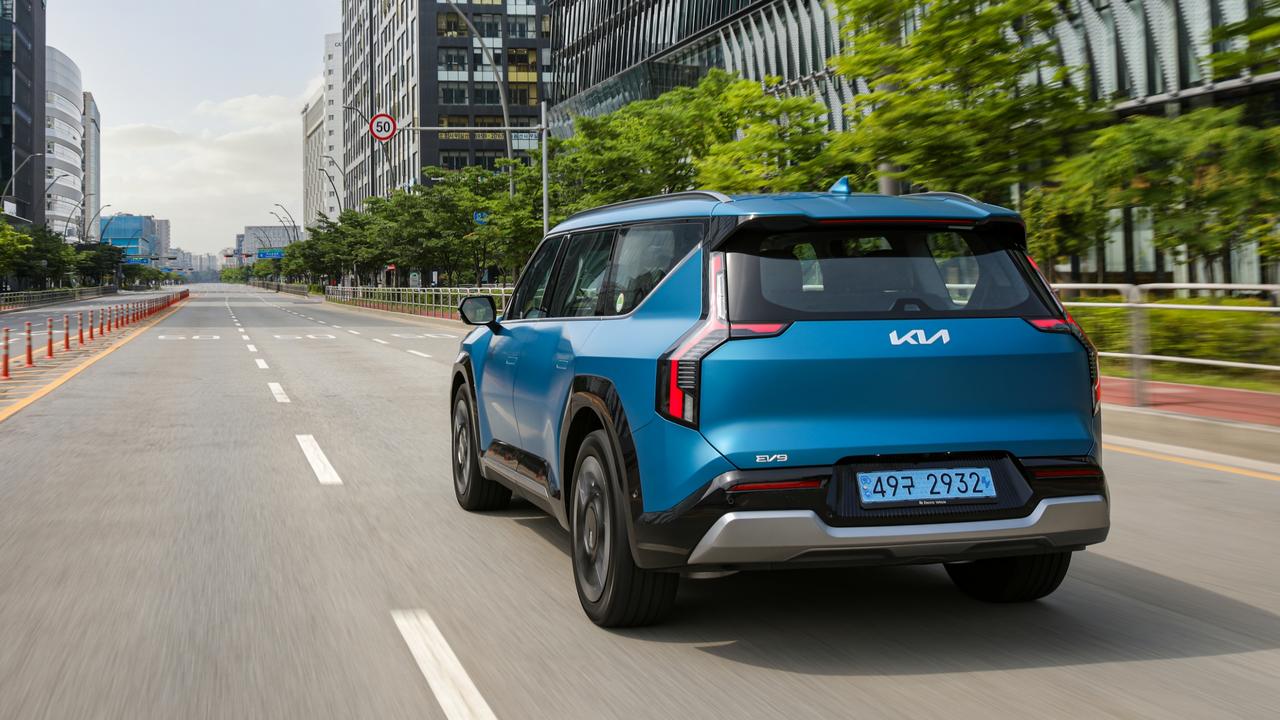 Kia’s EV9 arrives in October., The Kia EV9 has plenty of punch on the road., Digital mirrors feature in the EV9 GT-Line., Kia’s EV9 is the only large electric seven-seater on sale., The EV9 has a well-appointed cabin., The Kia EV9 GT-Line will be the brand’s first $100,000-plus car., The Kia EV9 represents new territory for Kia., Technology, Motoring, Motoring News, Kia EV9 sizes up BMW’s X5