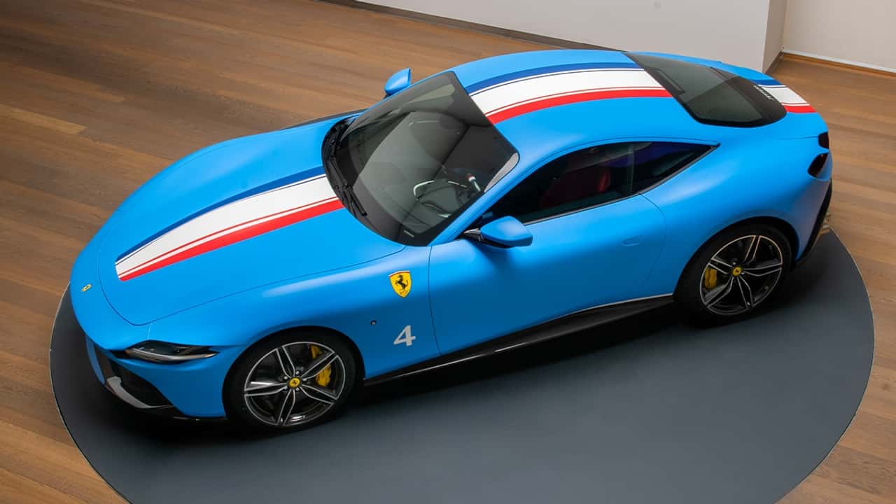 tailor made ferrari roma gets red, white, and blue french flag motif