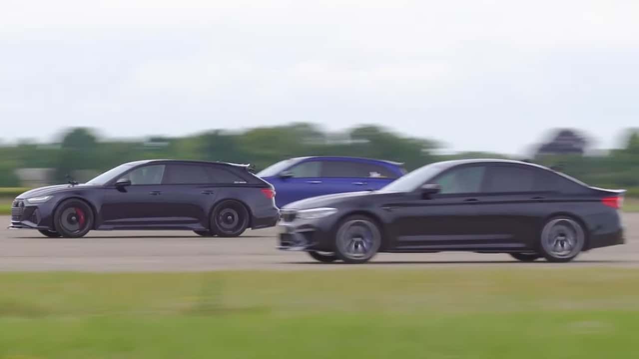 Tuned BMW M5 drag races tuned Audi RS6 and tuned Mercedes-AMG E63.