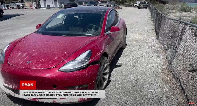 tesla model 3 using fsd beta drives right into flood waters