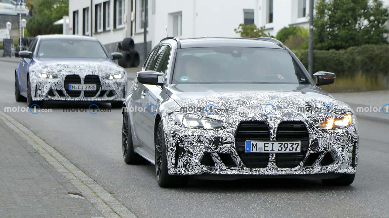 bmw m3 facelift spied with camouflaged front end in sedan and wagon forms