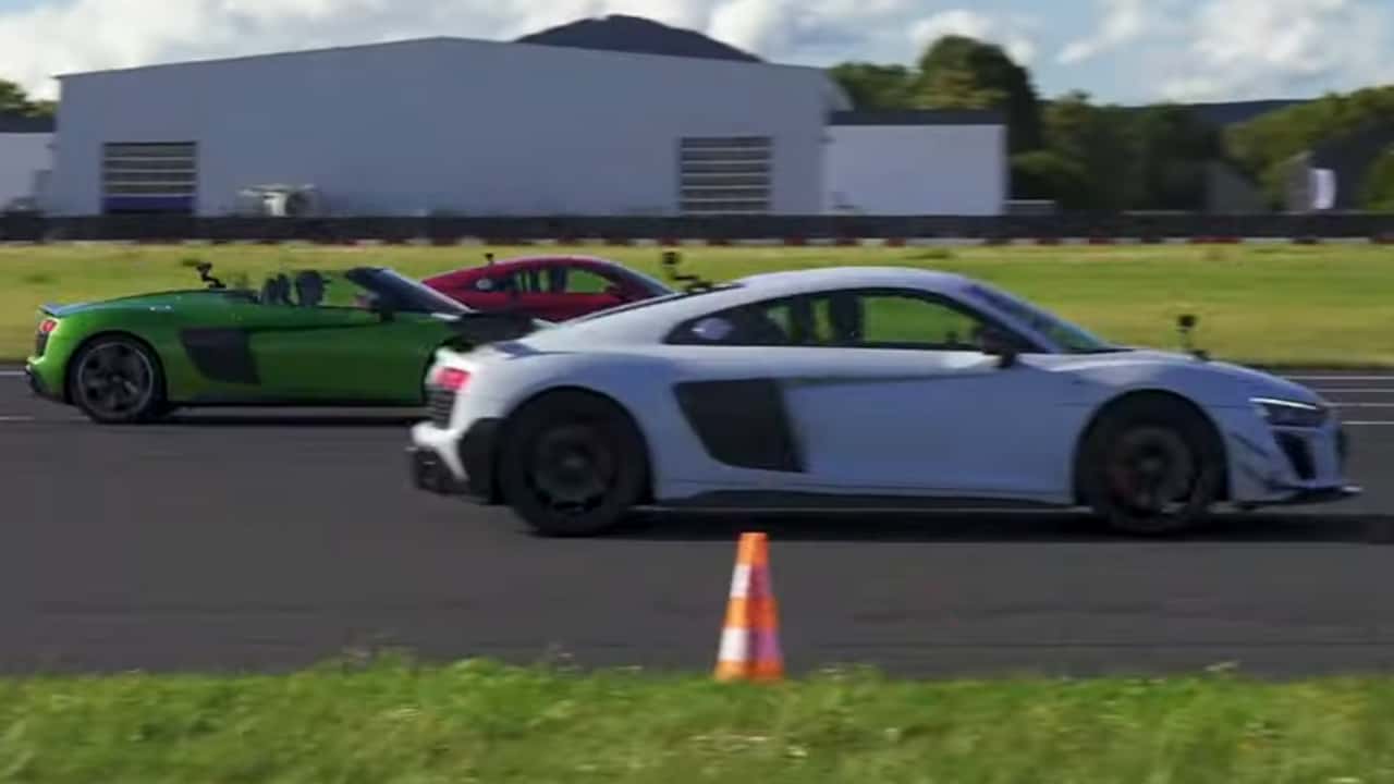 Audi R8 GT drag races Audi R8 Performance Spyder and R8 Performance.