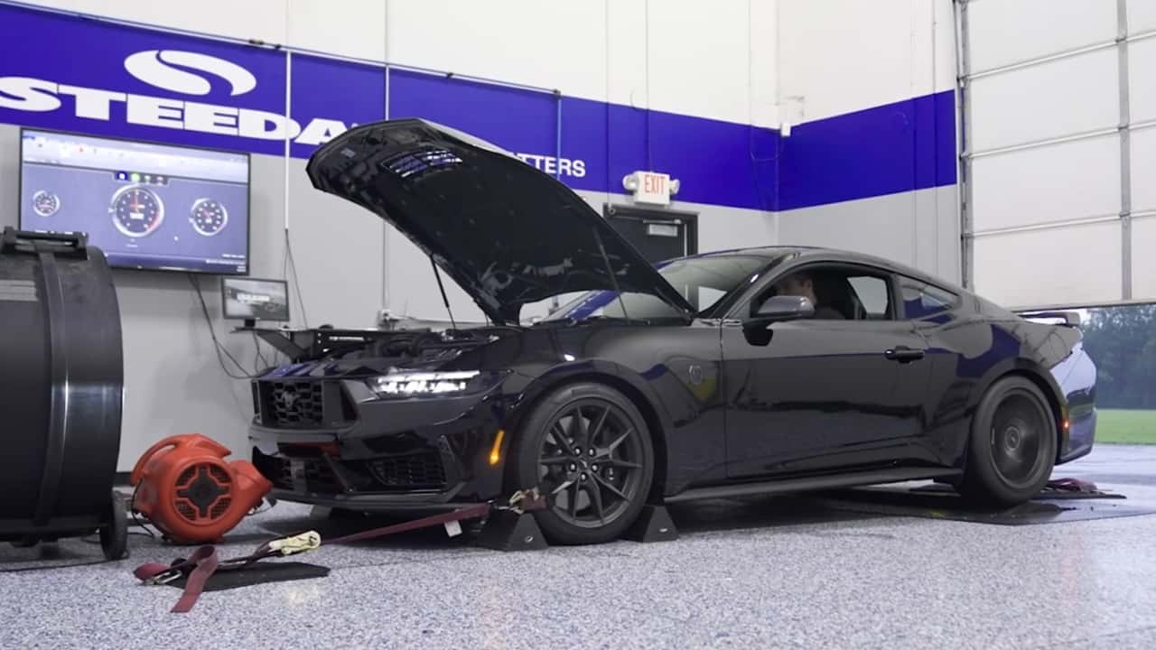 A 2024 Ford Mustang Dark Horse on a dyno.