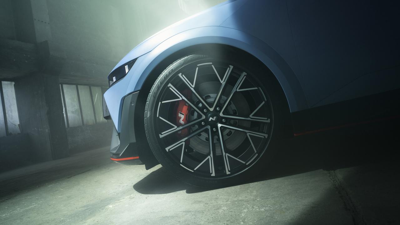 Oversized brakes and tyres are part of the deal., The performance model has an upgraded interior., Drift mode promises to be great fun on track., Hyundai’s electric hot hatch has a six-figure price tag., The Hyundai Ioniq 5 N promises to deliver wild performance., Technology, Motoring, Motoring News, Hyundai reveals price, specs for new Ioniq 5 N