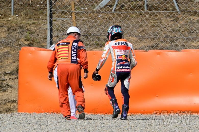 catalunya motogp: concern as marc marquez checks previously-injured thumb after 17th crash