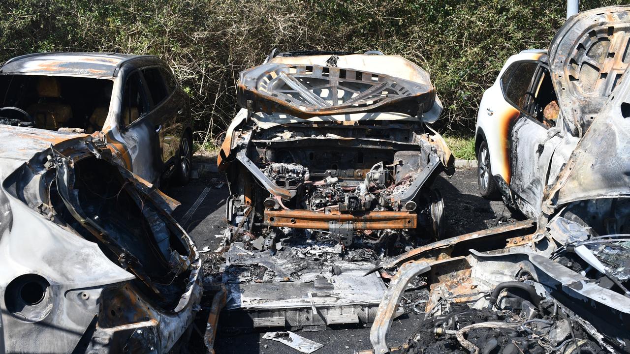 A number of cars were destroyed after an EV battery caught fire near Sydney Airport. Picture: Supplied., Technology, Motoring, Motoring News, Battery fire destroys five cars at Sydney Airport