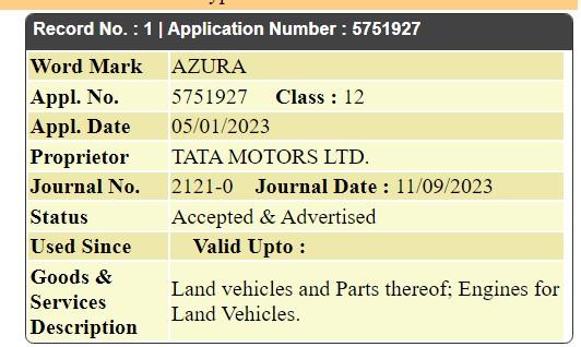 Tata Motors trademarks 'Azura' nametag, Indian, Tata, Other, Curvv Concept, trademark