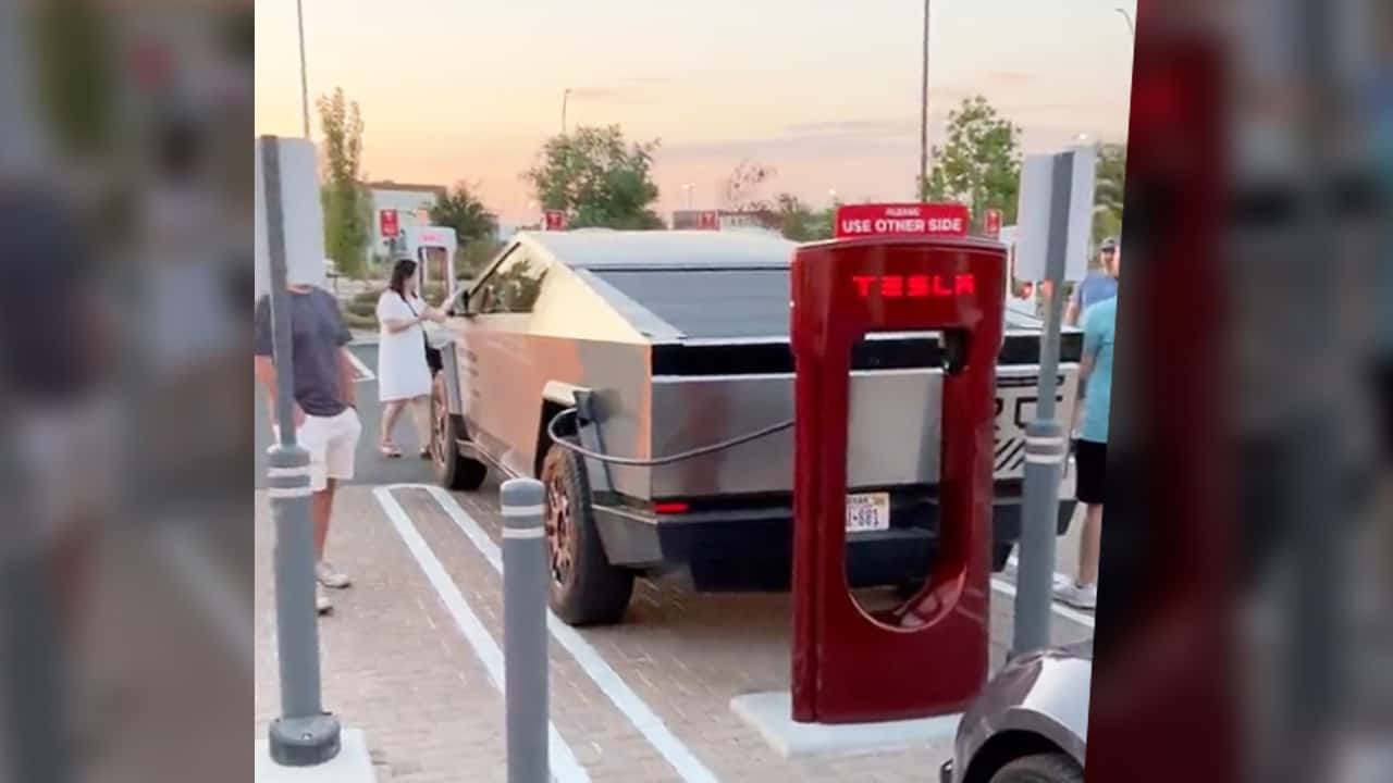 tesla cybertruck spotted charging at 50,000th supercharger in california