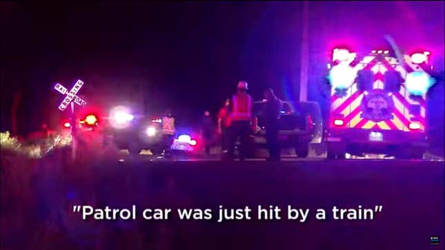 Screenshot of news report after a patrol car was hit by a train