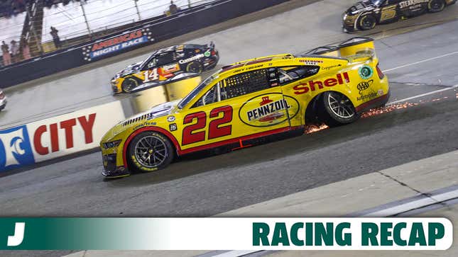 Joey Logano, driver of the #22 Shell Pennzoil Ford, exits the track after an incident during the NASCAR Cup Series Bass Pro Shops Night Race at Bristol Motor Speedway on September 16, 2023 in Bristol, Tennessee.