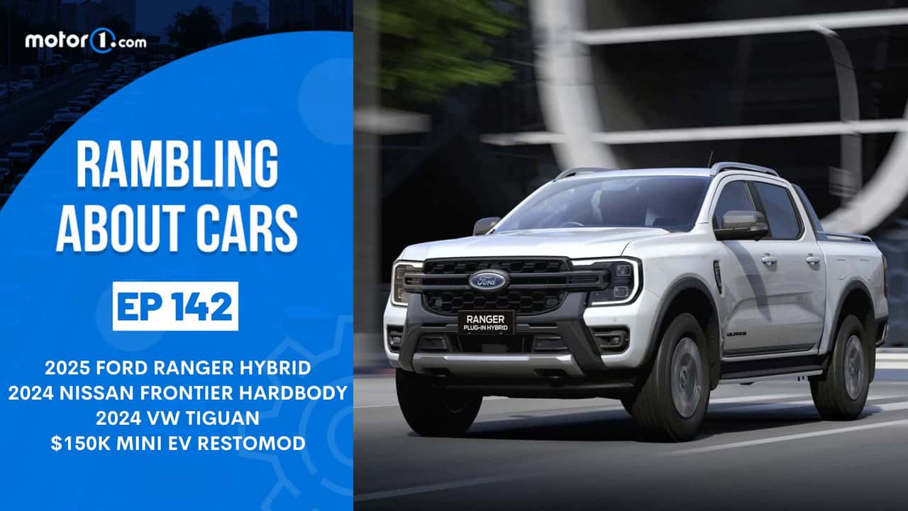 A Ford Ranger next to a logo for the Rambling About Cars podcast at Motor1.com.