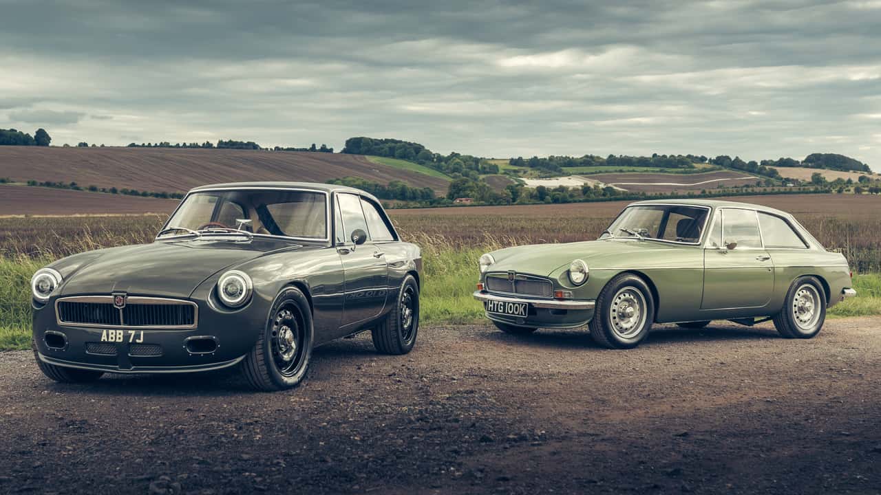 mgb returns with v8 and electric restomods featuring manual gearbox