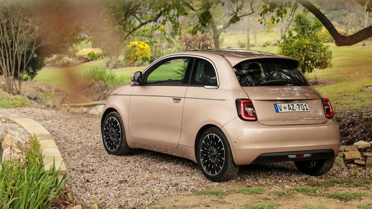 Fiat promises not to build ‘grey’ cars. This one is ‘rose gold’., The new Fiat 500e has a classy-looking cabin., Fiat’s 500e has arrived in local showrooms., Technology, Motoring, Motoring News, Fiat 500e electric hatchback review