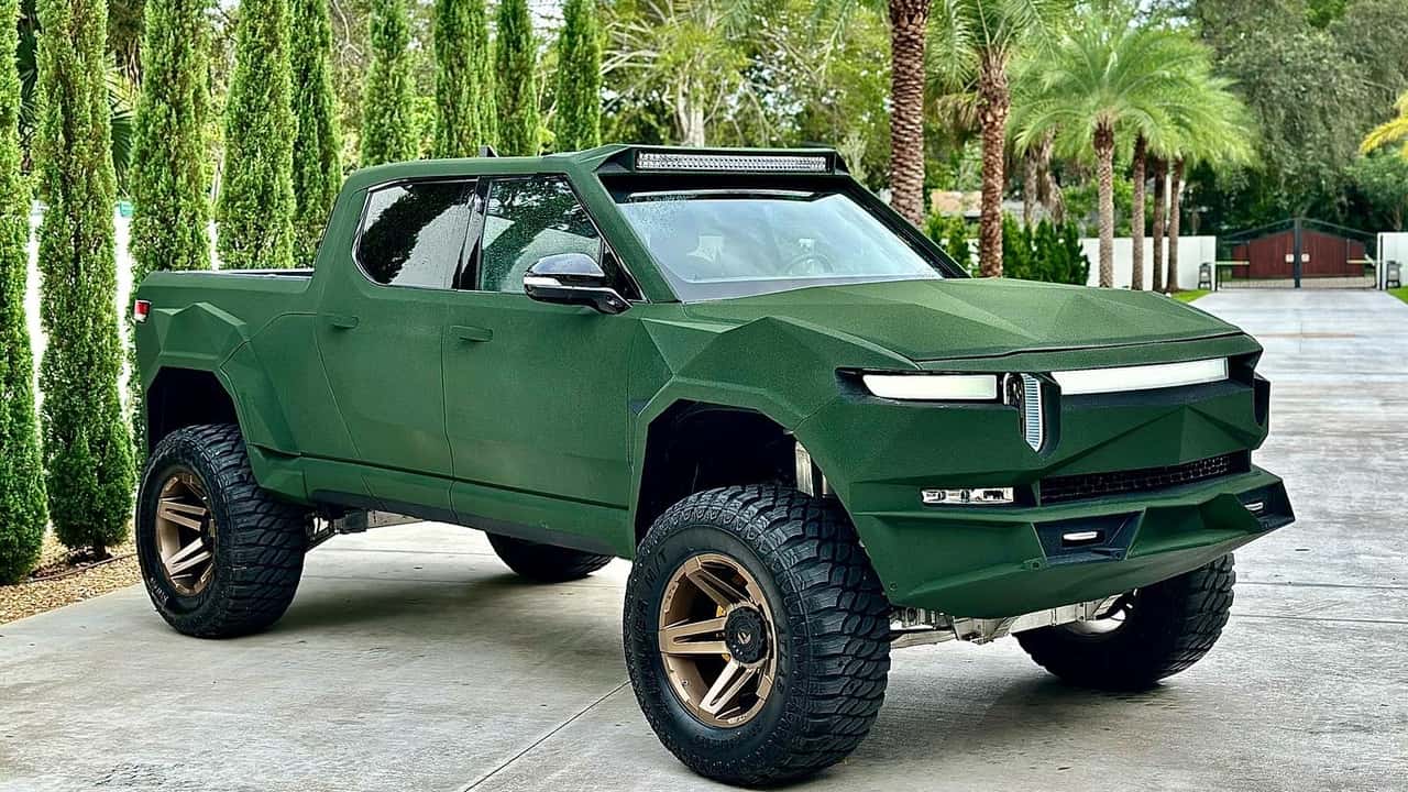lifted rivian r1t with 38-inch tires looks ready for the apocalypse