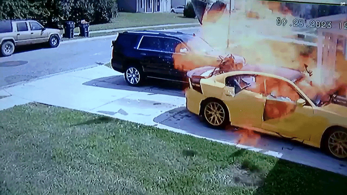 Cigarette Sparks Explosion Inside Dodge Charger, Starts House Fire