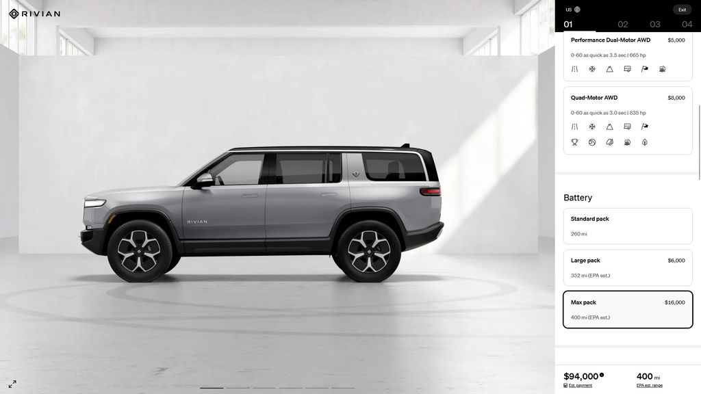 rivian r1s with 400-mile max pack battery added to online configurator