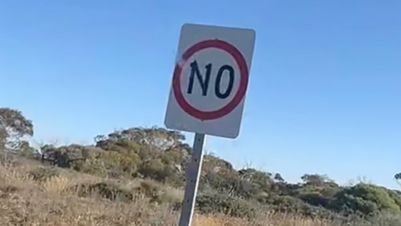 A road sign defaced to read 'No' near Arno Bay on the Eyre Peninsula in South Australia. Picture: Snapchat, Technology, Motoring, On The Road, Bizarre road sign vandals popping up in one state