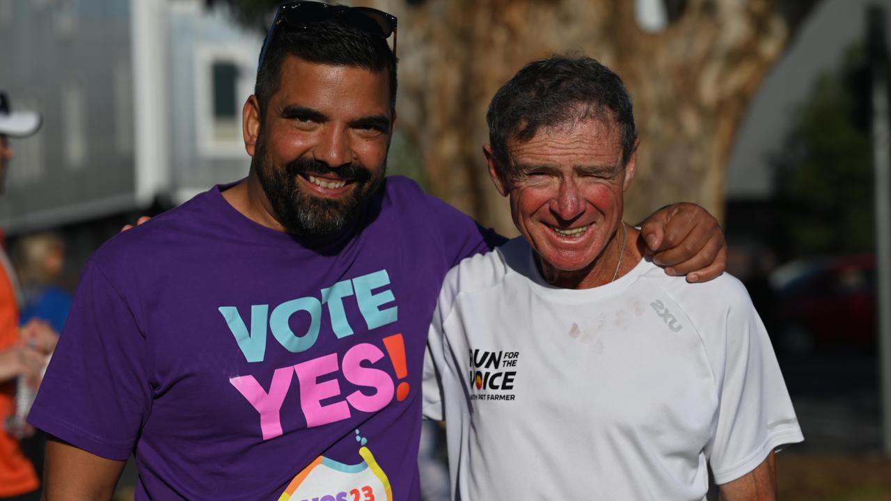Yes23 campaign director Dean Parkin (left) stands with Voice supporter Pat Farmer in Adelaide. Yes volunteers hop to make one million calls to undecided voters before October 14. Picture: NCA NewsWire / Naomi Jellicoe, Leading No campaigner Nyunggai Warren Mundine AO says he has been subjected to racist abuse during the campaign. He has also been criticised for allegedly encouraging vitriol after he said he would like to see boxer Anthony Mundine fight Yes supporter Thomas Mayo. Picture: NCA NewsWIRE/ Morgan Sette, A road sign defaced to read 'No' near Arno Bay on the Eyre Peninsula in South Australia. Picture: Snapchat, Technology, Motoring, On The Road, Bizarre road sign vandals popping up in one state