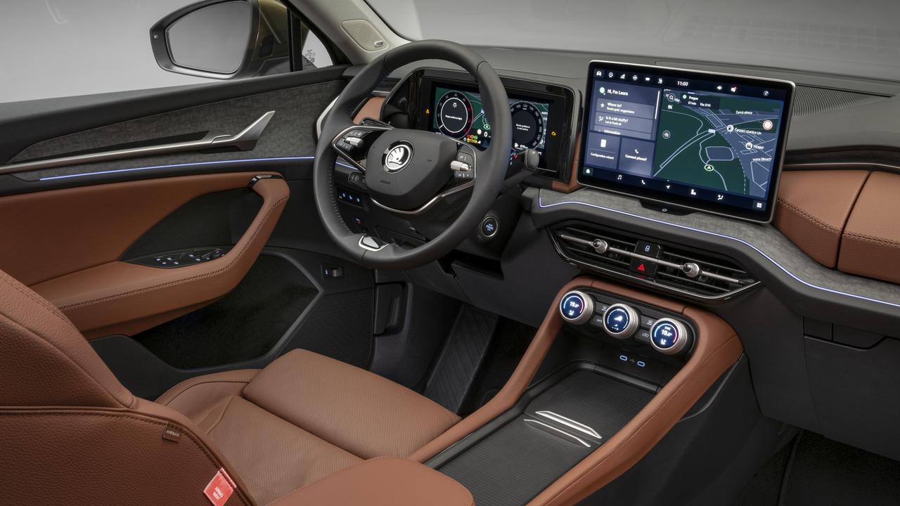 The cabin has stepped up in class., It’ll be powered by a 150kW engine., The new Kodiaq is due late next year., Technology, Motoring, Motoring News, 2024 Skoda Kodiaq revealed