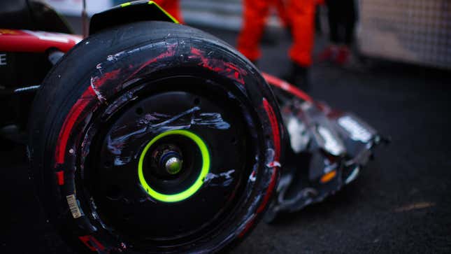 Details of the Pirelli tyres after the crash of Carlos Sainz of Spain and Scuderia Ferrari during practice ahead of the F1 Grand Prix of Monaco at Circuit de Monaco on May 26, 2023 in Monte-Carlo, Monaco.