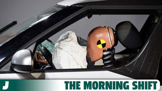 A photo of an airbag going off in a crash test. 
