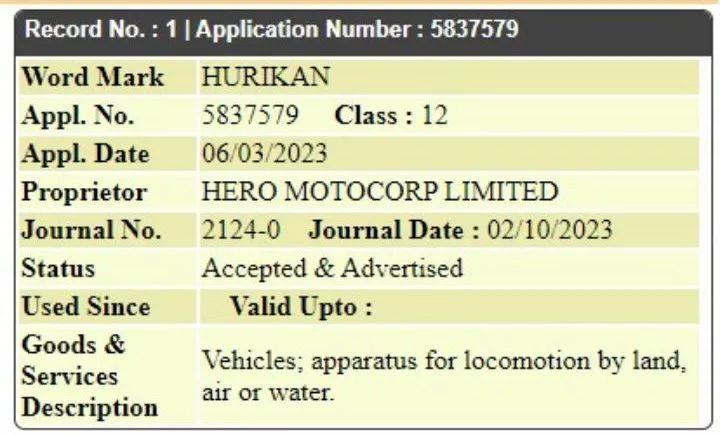 Hero Motocorp trademarks Hurikan & Hurikan 400 names, Indian, 2-Wheels, Hero MotoCorp, trademark, Hurikan 440, Hurikan