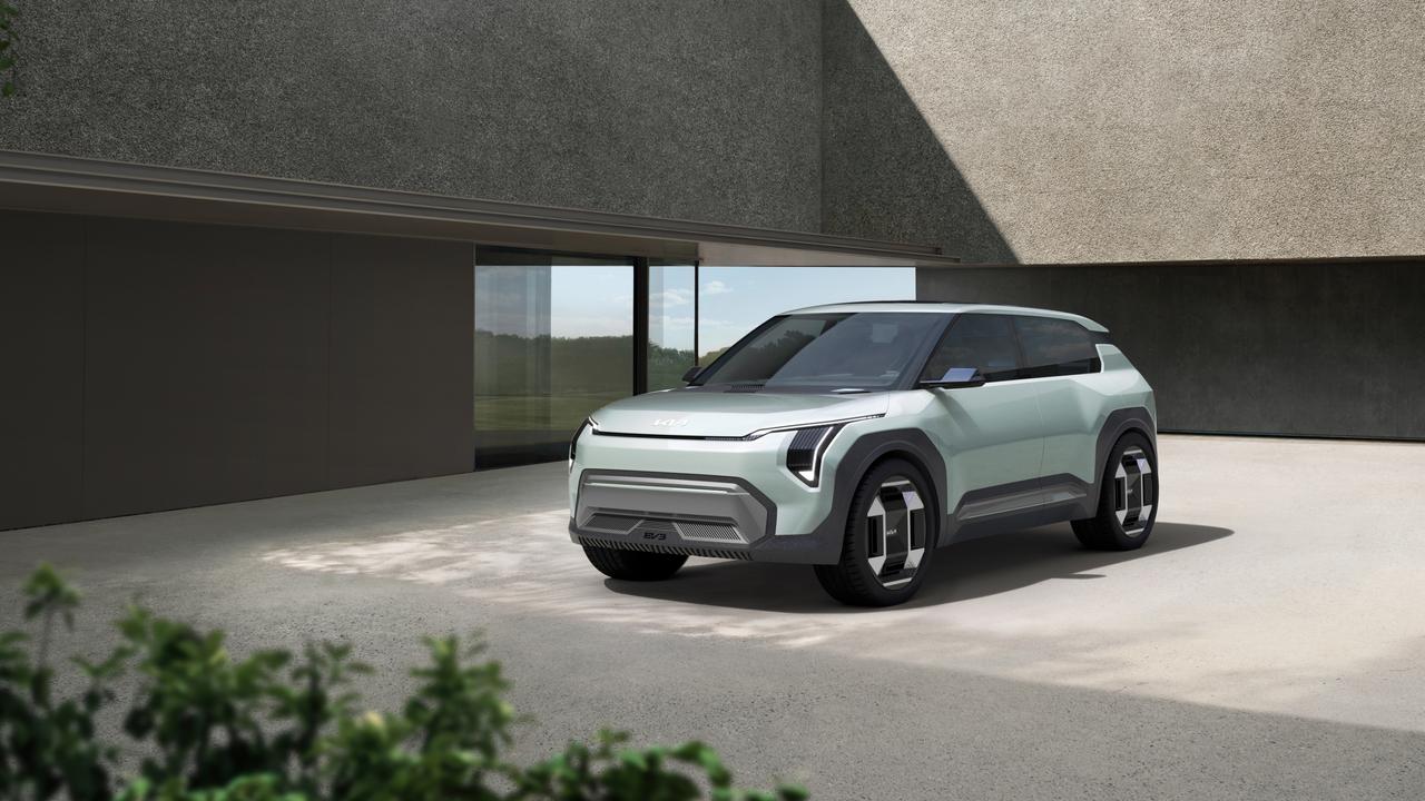 Kia’s EV3 concept points to a fun-sized EV., The new EV5 is a smaller cousin to the EV9., The Kia EV4 sedan is a concept car … for now., Kia has confirmed the EV5 electric vehicle for production., Technology, Motoring, Motoring News, Kia goes all-in on EVs with new EV5