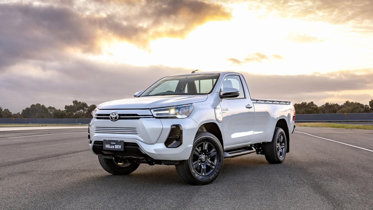 Toyota hasn’t revealed many details of the electric ute., Toyota will build a few of the electric HiLux concepts for a trial in Thailand., Technology, Motoring, Motoring News, Toyota builds an electric HiLux concept
