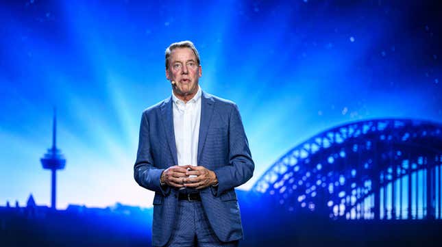 William Clay Ford Junior, Executive Chairman of Ford, speaks on stage as he visits the electric car production line at the Ford automobile factory on June 12, 2023 in Cologne, Germany.