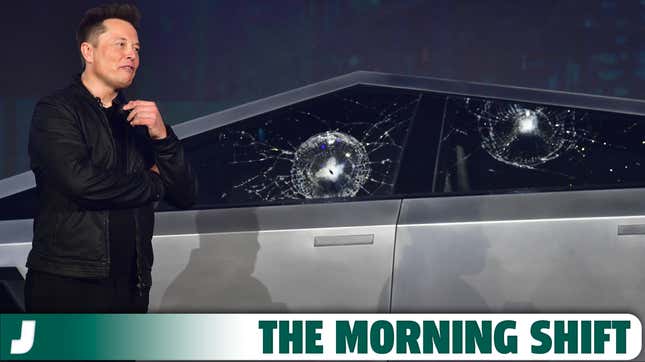 Tesla co-founder and CEO Elon Musk verbally reacts in front of the newly unveiled all-electric battery-powered Tesla Cybertruck with broken glass on windows following a demonstation that did not go as planned on November 21, 2019 at Tesla Design Center in Hawthorne, California.