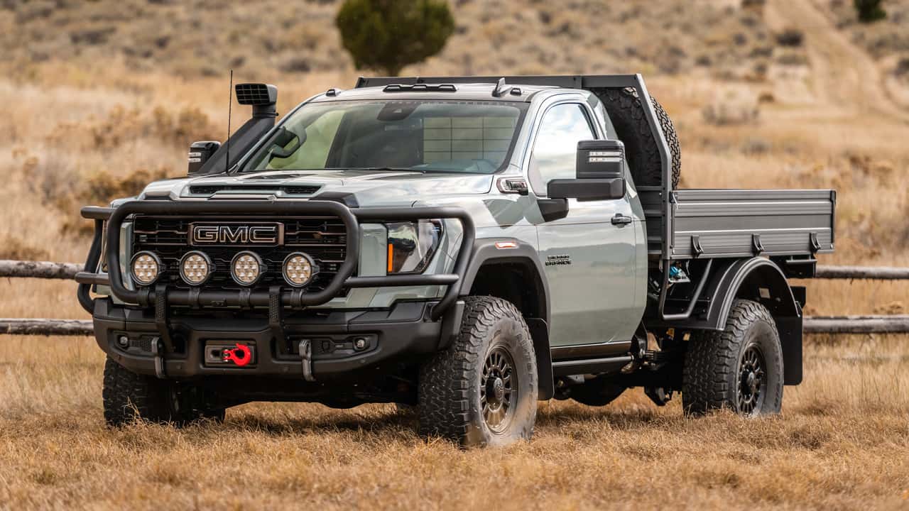aev built a bonkers gmc sierra hd work truck with 40-inch tires, at4x parts