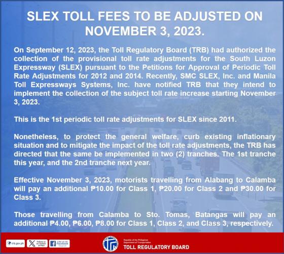 expressways, san miguel corporation, slex, sub 400cc ban, toll fee increase, slex toll hike starting nov. 3, 2023
