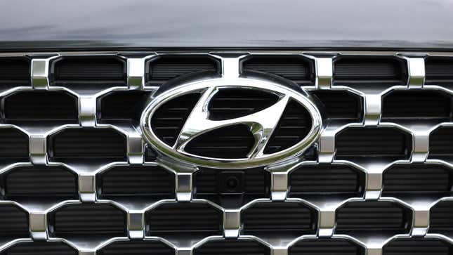 The Hyundai logo is displayed on a new car on the sales lot at San Leandro Hyundai on May 30, 2023 in San Leandro, California. A surge in Kia and Hyundai thefts began last year after viral videos appeared on social media sites showing how to exploit the lack of antitheft computer chips in the cars. Kia and Hyundai cars continue to be stolen more than three months after the auto manufacturers deployed software fixes to help curb the thefts
