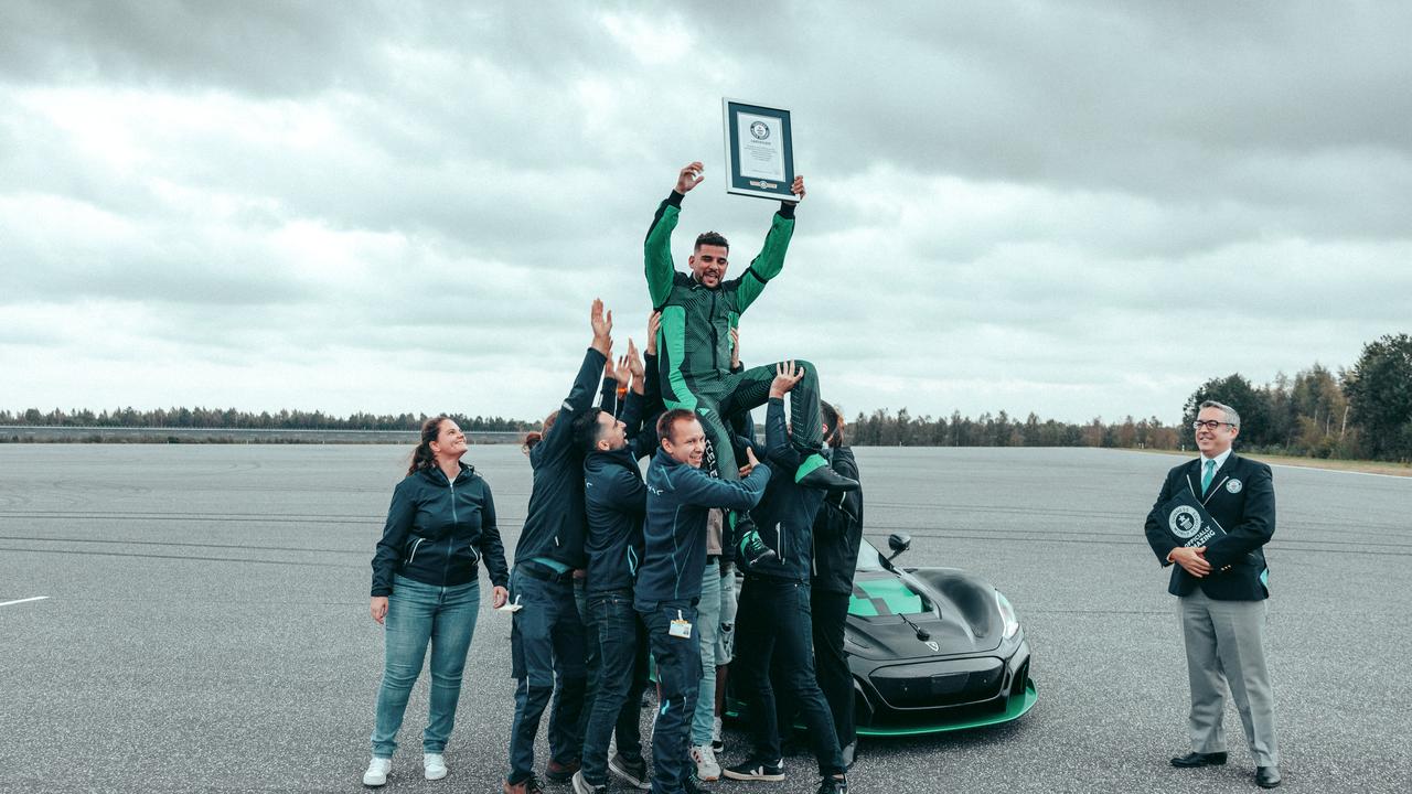The Nevera obliterated the previous record held for 22 years by the Caterham 7 Fireblade, which stood at 102.58mph. Picture: Rimac, Rimac Neverta breaks Guinness World Record by reaching a backward speed of 171.34mph. Picture: Rimac, Technology, Motoring, Motoring News, Electric hypercar dazzles with a 171mph backward blitz