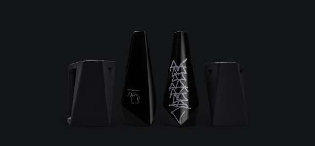 Images of Tesla's Cyberbeer and Cybersteins. They are all matte black and have a graffiti-style script saying cyberbeer.