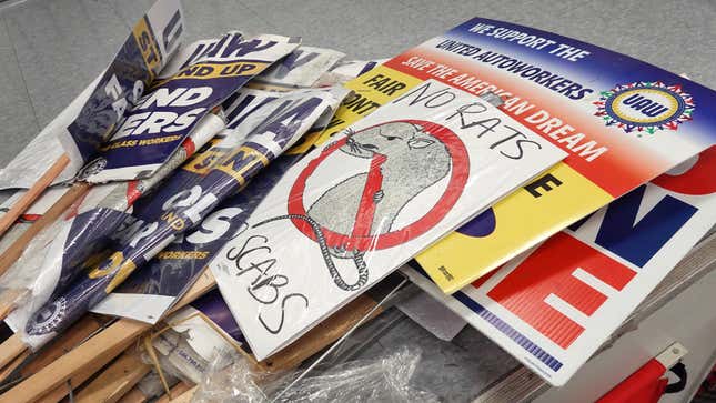 Picket signs sit in a pile inside of the UAW Local 551 union hall located near Ford's Chicago Assembly Plant on October 26, 2023 in Chicago, Illinois. 