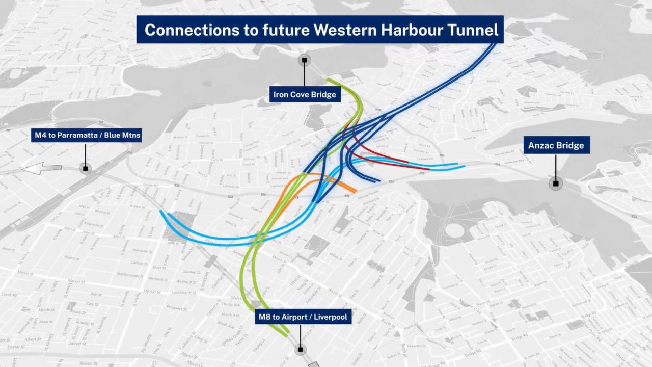 Stage two of the Western Harbour Tunnel to be complete by 2028. Picture: Transport for NSW, Progress photo of Rozelle Interchange project 2023. Picture: Transport for NSW, Rozelle Railyards 2019. Picture: Transport for NSW, M8 to Iron Cove bridge driver animation. Picture: Transport for NSW, Map of the underground tunnels of Rozelle Interchange. Picture: Transport for NSW, Technology, Motoring, Motoring News, ‘Don’t get lost’: Complicated Sydney underground interchange sparks debate